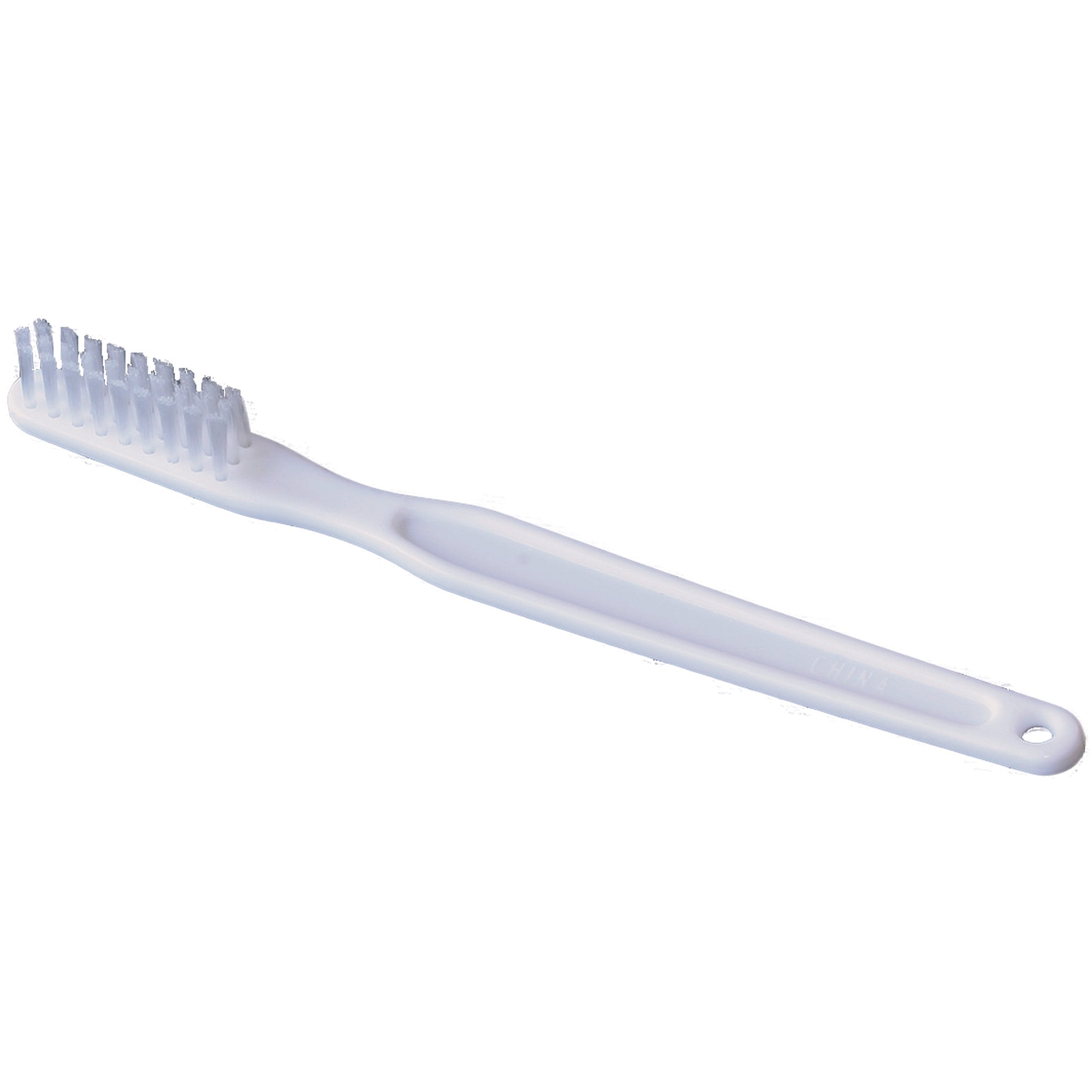 White plastic toothbrush with white bristles.